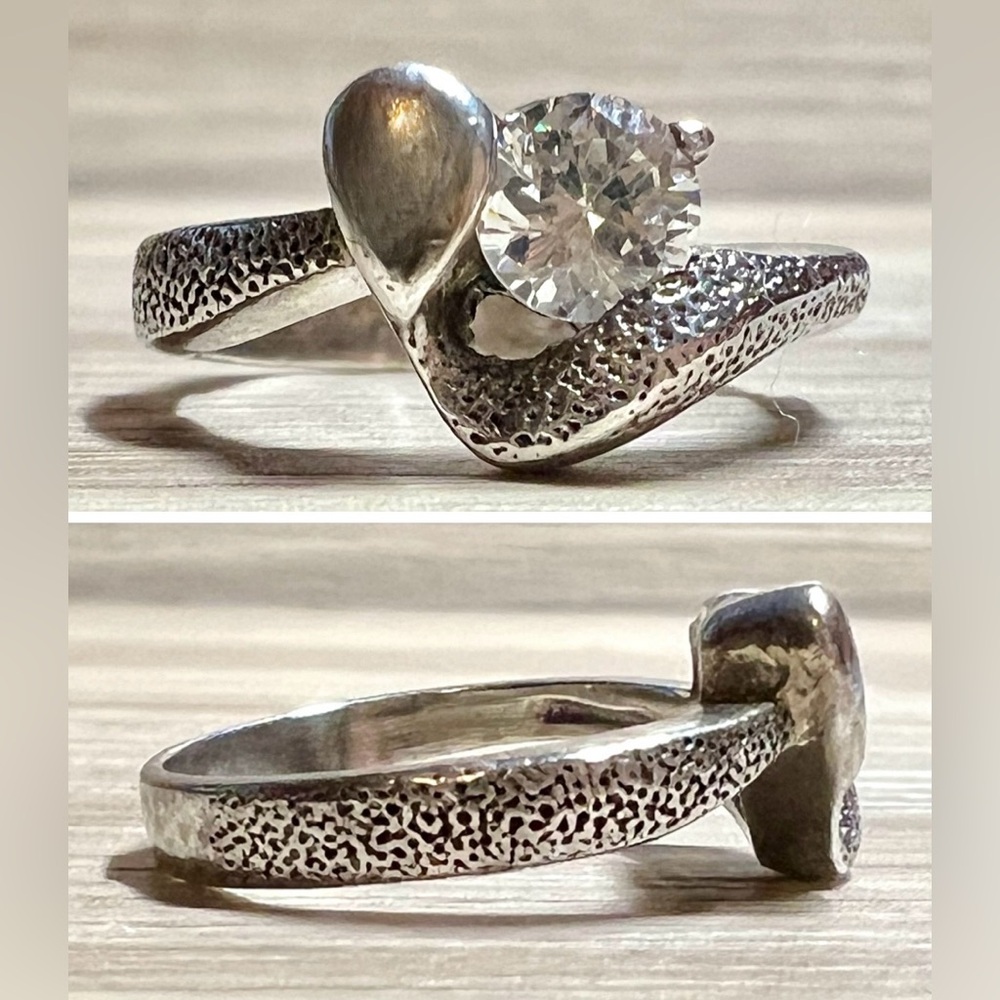 Vintage Handmade Sterling Silver Abstract Textured Clear Stone Ring, Size 5.5